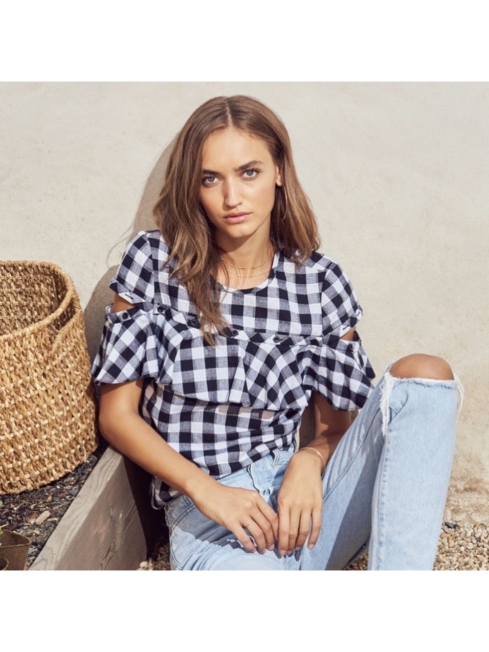 Saylor Black & White Gingham Ruffle Sleeve Top - Women